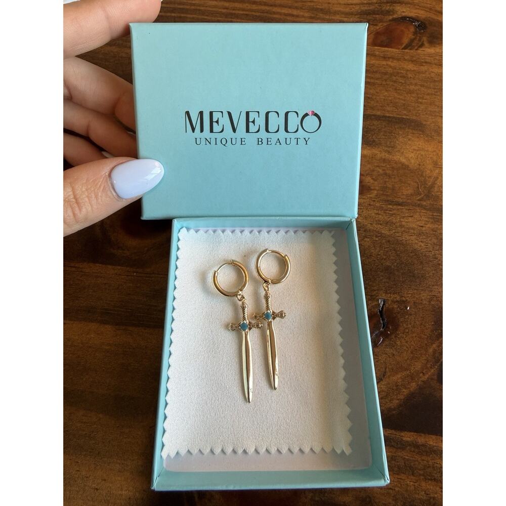 Mevecco Sword Dangle/Drop Hoop Earrings Gold Tone Metal Continuous Hoop
